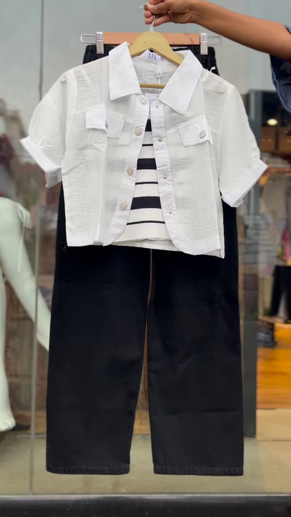 Women’s White Buttoned Crop Jacket with Striped Inner Top and Black Pants – Layered Streetwear Ensemble