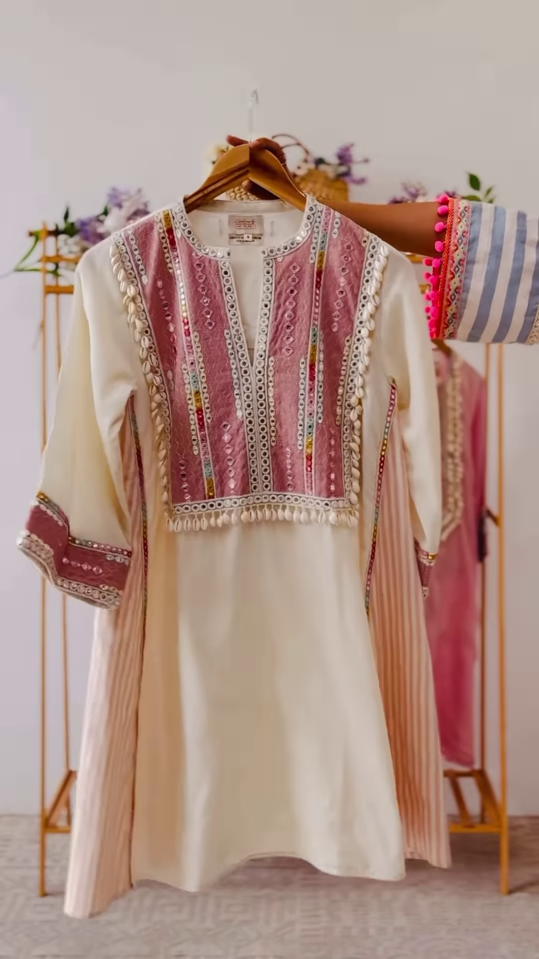 Women’s Baby Pink Beaded Kurti with Shell Accents – Premium Embroidered Ethnicwear for Boutique Collections