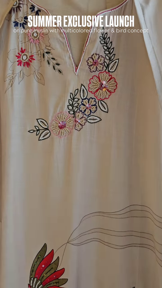 Pure Muslin Fabric with Multicolor Floral & Bird Print – “Summer Exclusive Launch” Textile Promotion