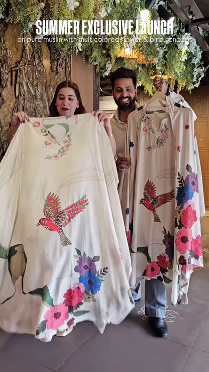 Pure Muslin Fabric with Multicolor Floral & Bird Print – “Summer Exclusive Launch” Textile Promotion