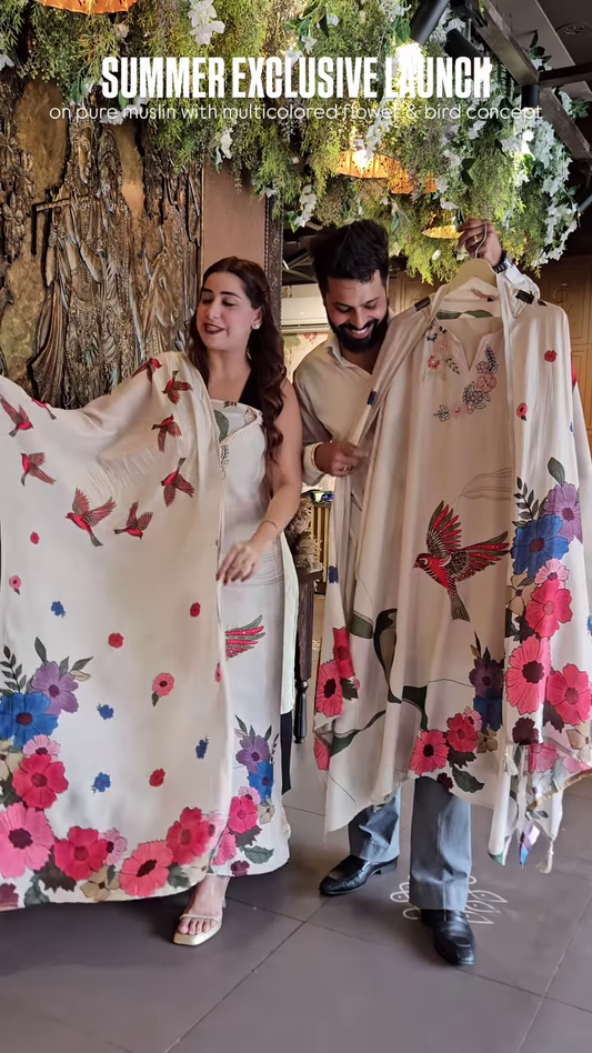 Pure Muslin Fabric with Multicolor Floral & Bird Print – “Summer Exclusive Launch” Textile Promotion