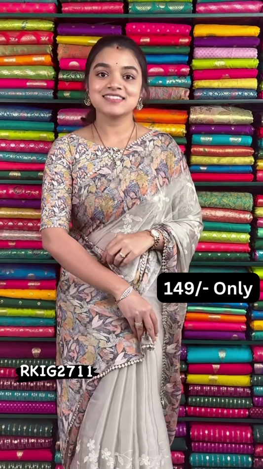 Women’s Floral-Patterned Beige Saree with White Embroidered Pallu