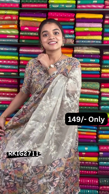 Women’s Floral-Patterned Beige Saree with White Embroidered Pallu