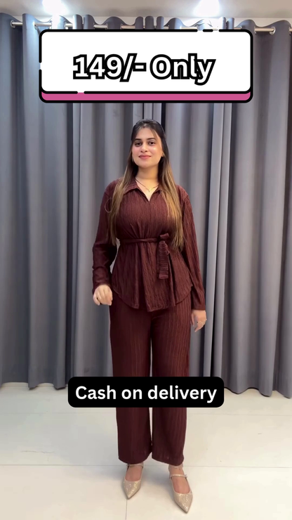 Women’s Maroon Belted Kurti with Matching Straight Pants – Casual Ethnicwear with Layered Elegance