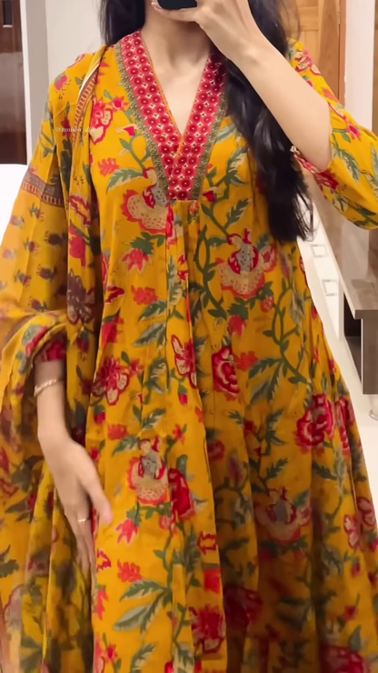 Women’s Yellow Floral Printed Kurti with Red Neckline Border – Ethnic Everyday Ensemble with Seasonal Charm
