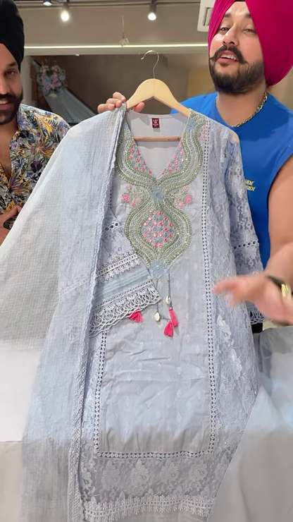 Women’s Light Blue Lace Kurti with Pink Floral Embroidery & Tassel Details – Ethnicwear Set with Sheer Dupatta