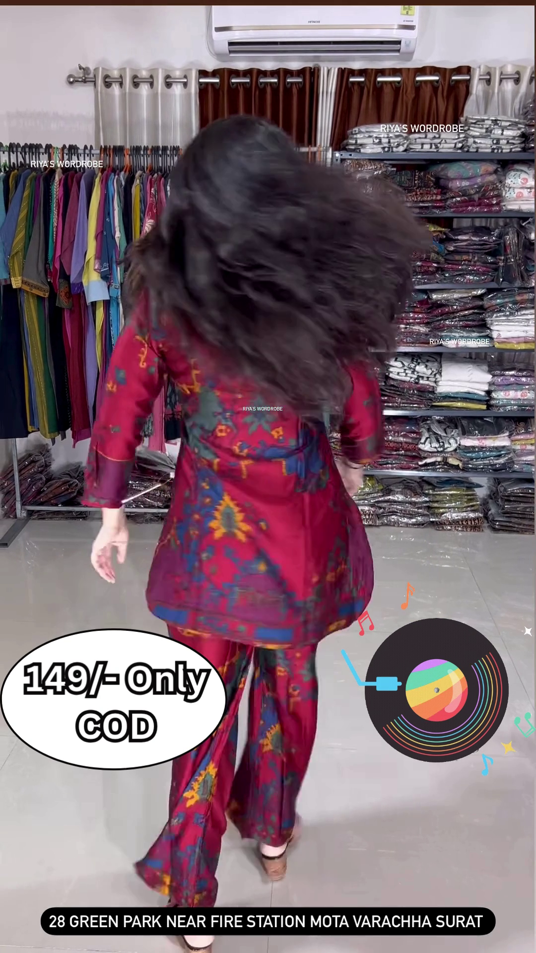 Women’s Multicolor Abstract Printed Kurti with Matching Pants – Ethnic Fusion Co-Ord Set with Music-Themed Backdrop