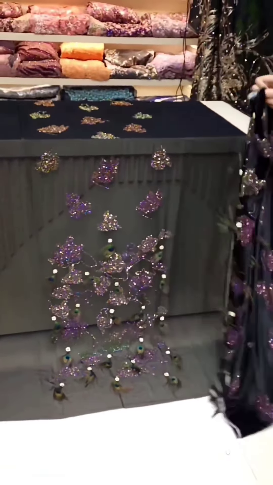 Luxury Sheer Fabric with Glitter Floral Embroidery – Purple-Pink Bloom Motif on Transparent Base for Occasionwear Draping & Tailoring