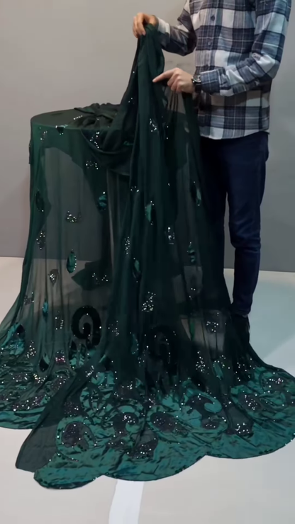 Luxury Sheer Fabric with Glitter Floral Embroidery – Purple-Pink Bloom Motif on Transparent Base for Occasionwear Draping & Tailoring