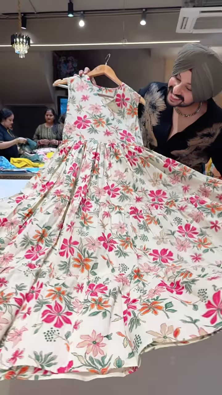 Women’s Cream Floral Embroidered Anarkali Dress with Fitted Bodice & Flared Hem – Vibrant Occasionwear for Ethnic Styling