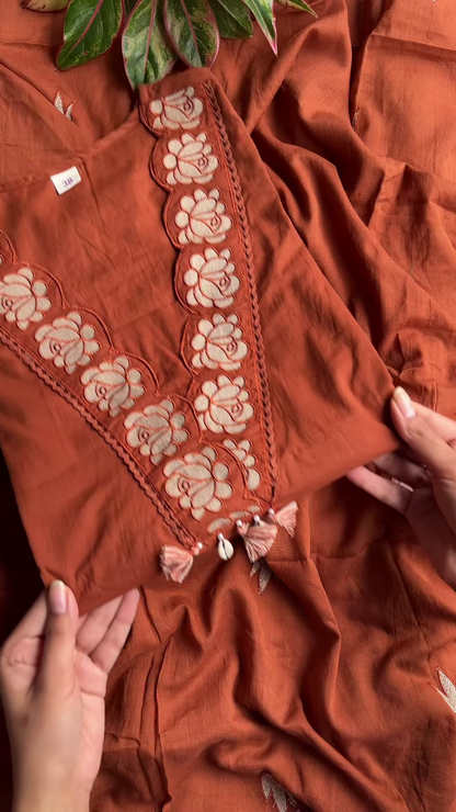 Women’s Reddish-Brown Ethnic Kurti with Floral Embroidery, Tassels & Shell Accents – Handcrafted Neckline Detailing for Festive Styling