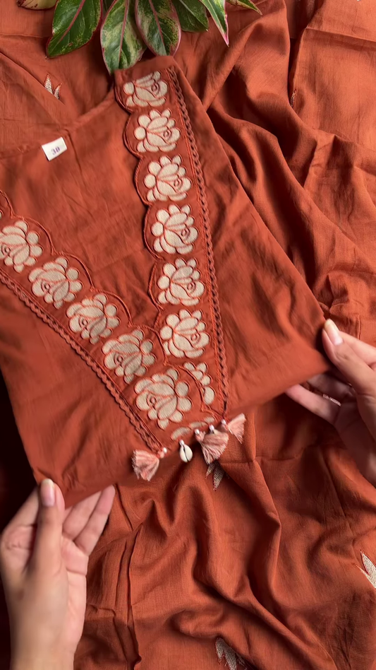 Women’s Reddish-Brown Ethnic Kurti with Floral Embroidery, Tassels & Shell Accents – Handcrafted Neckline Detailing for Festive Styling