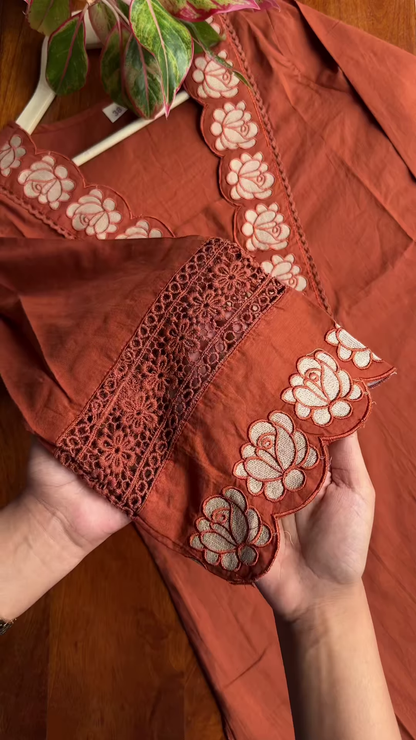 Women’s Reddish-Brown Ethnic Kurti with Floral Embroidery, Tassels & Shell Accents – Handcrafted Neckline Detailing for Festive Styling