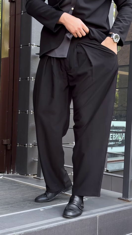 Men’s Black Stretchable Button-Up Shirt with Gray Pants – Comfort-Fit Ethnic Fusion Ensemble for Everyday Styling