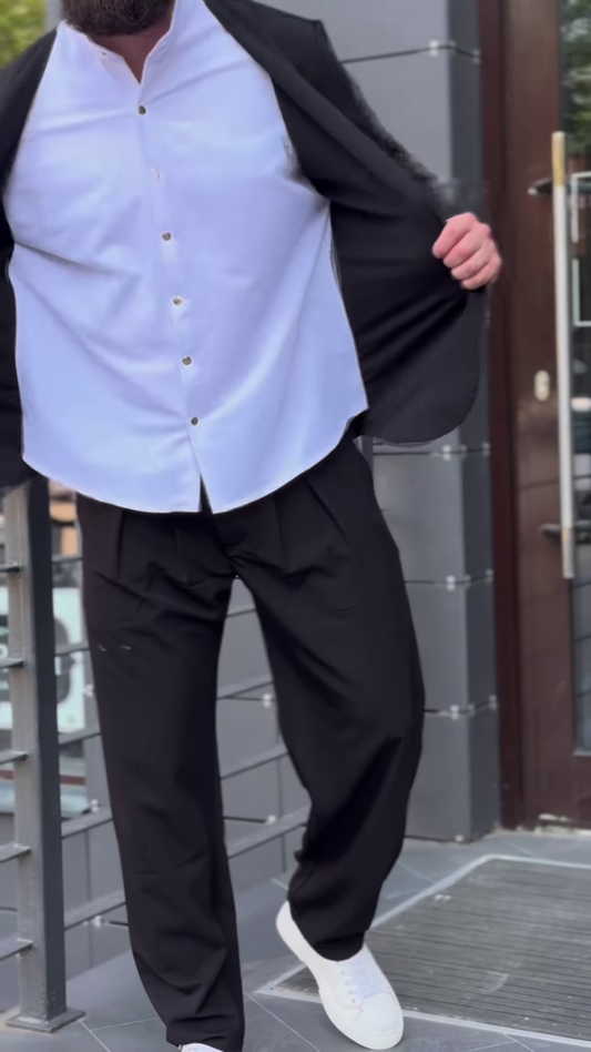 Men’s Black Stretchable Button-Up Shirt with Gray Pants – Comfort-Fit Ethnic Fusion Ensemble for Everyday Styling