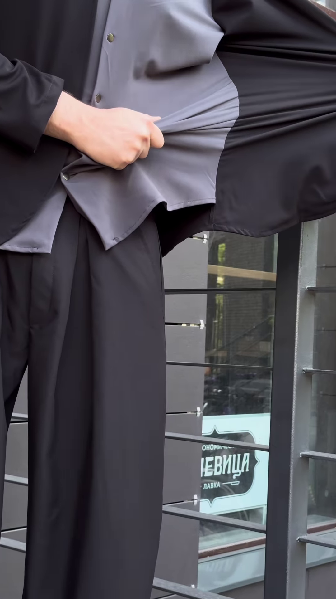 Men’s Black Stretchable Button-Up Shirt with Gray Pants – Comfort-Fit Ethnic Fusion Ensemble for Everyday Styling