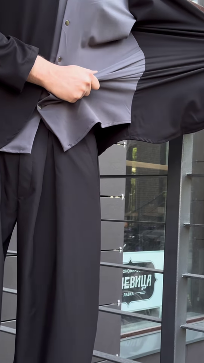 Men’s Black Stretchable Button-Up Shirt with Gray Pants – Comfort-Fit Ethnic Fusion Ensemble for Everyday Styling