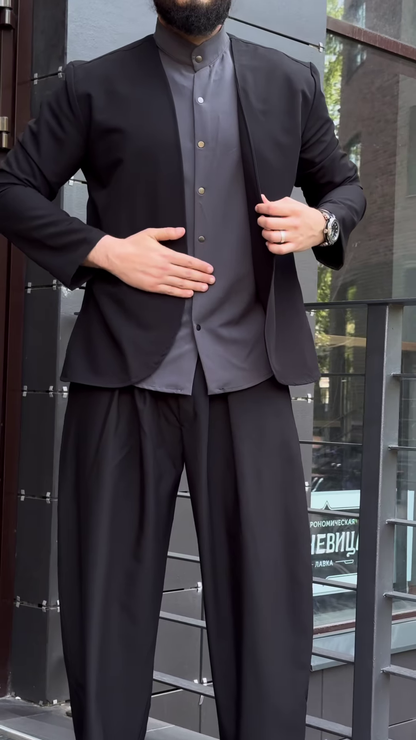 Men’s Black Stretchable Button-Up Shirt with Gray Pants – Comfort-Fit Ethnic Fusion Ensemble for Everyday Styling