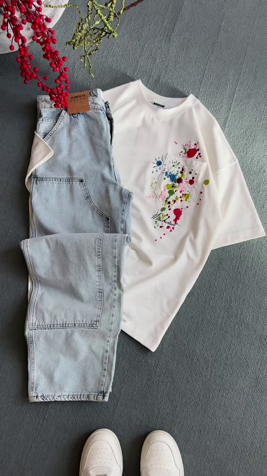 Unisex White & Beige T-Shirts with Colorful Paint Splatter and Pocket Embroidery – Artistic Casualwear for Everyday Styling
