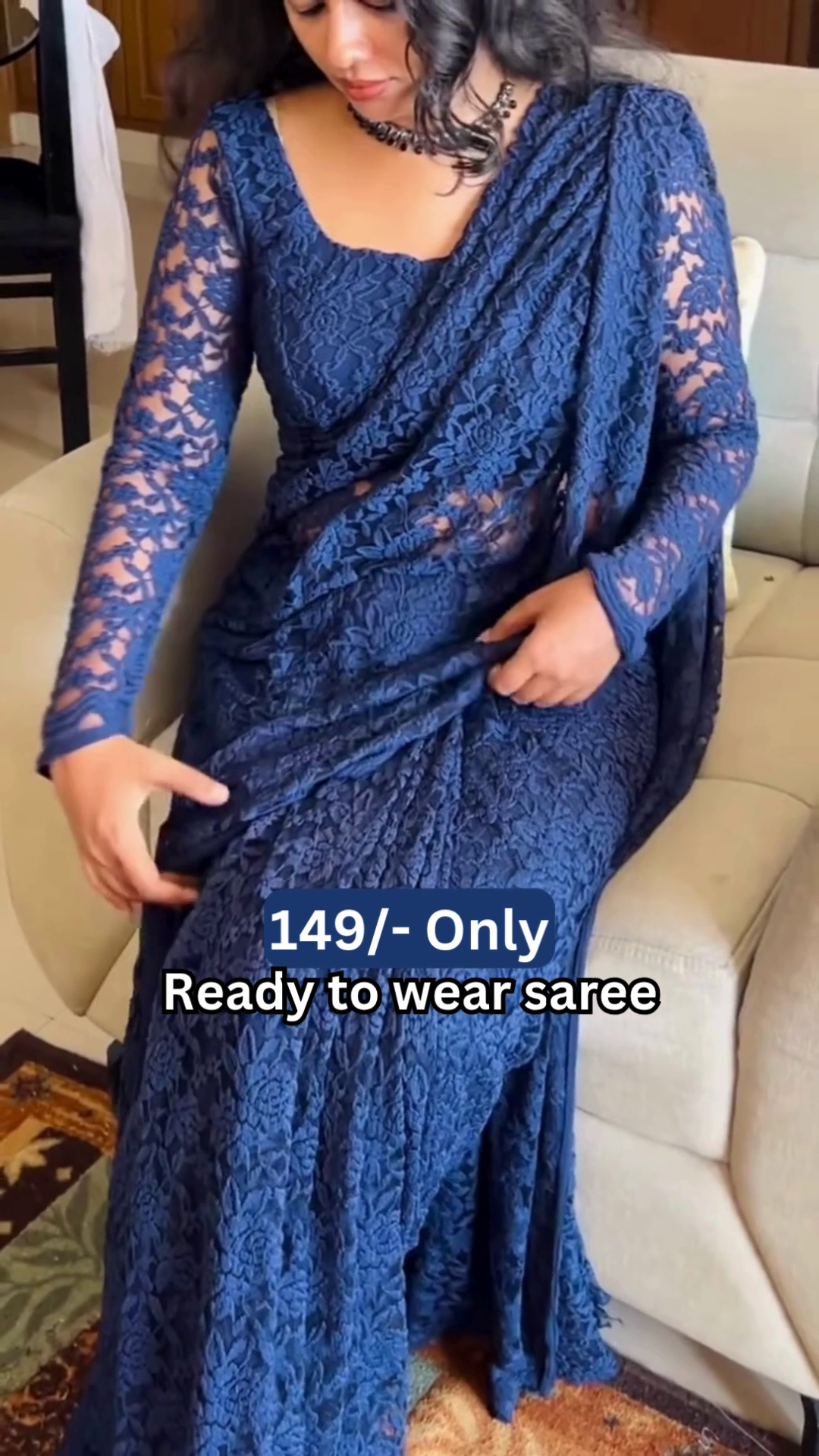 Women’s Dark Blue Lace Saree with Floral Patterns & Matching Blouse – Ready-to-Wear Ethnic Ensemble Styled with Beaded Necklace
