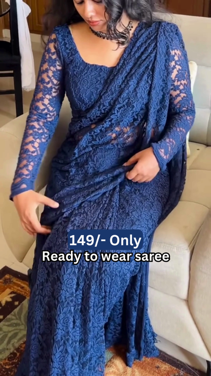 Women’s Dark Blue Lace Saree with Floral Patterns & Matching Blouse – Ready-to-Wear Ethnic Ensemble Styled with Beaded Necklace
