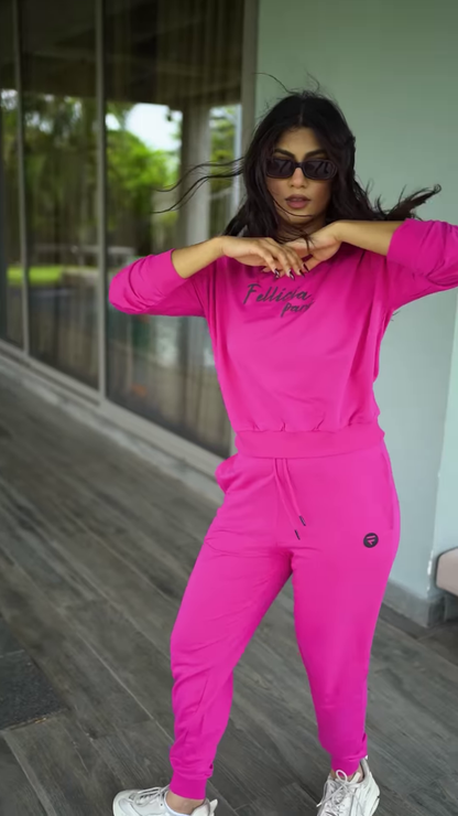 Unisex Bright Pink Tracksuit with Drawstring Joggers & Printed Sweatshirt – Casual Athleisure Set Styled with White Sneakers