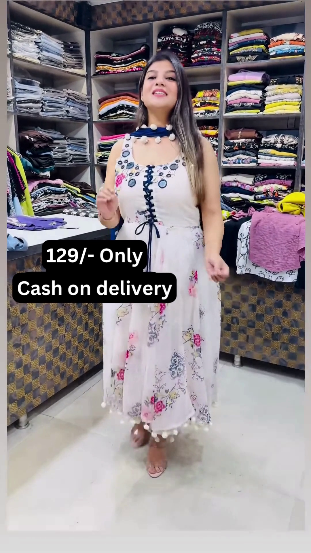 Women’s White Floral Printed Dress with Blue Sash & Pom-Pom Accents – Boutique Ethnicwear Styled with Beige Heels