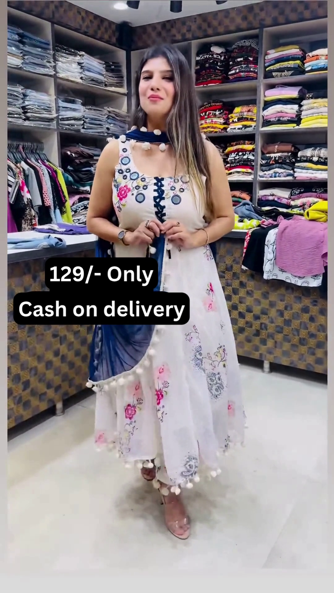 Women’s White Floral Printed Dress with Blue Sash & Pom-Pom Accents – Boutique Ethnicwear Styled with Beige Heels