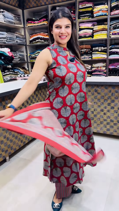 Women’s Sleeveless Black Dress with Red Circular Motifs & Keyhole Neckline – Boutique Ethnicwear Styled with Matching Fabric Accent