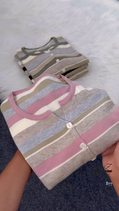 Striped Knit Button-Front Cardigan – Soft Neutrals, Effortless Chic 🤎🤍