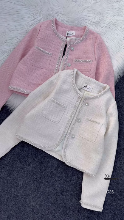 Pearl Trimmed Tweed Cropped Jacket – Luxe Parisian Chic for Every Occasion ✨💖