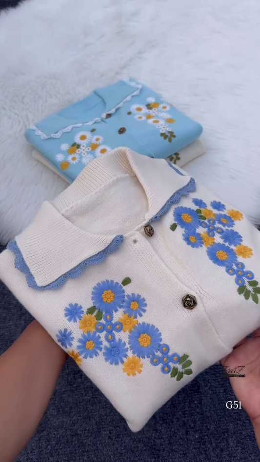 Embroidered Floral Collar Cardigans 🌼 Available in Cream, Light Blue & Lace-Trim Variants