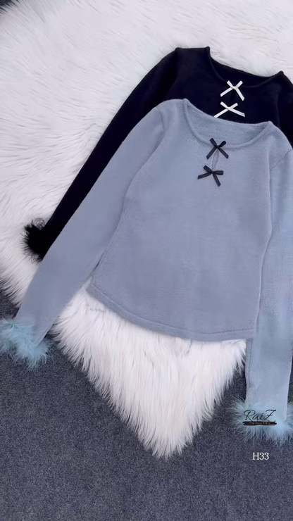 Fur-Cuffed Bow Detail Sweaters 🧥 Available in Black, Light Blue, Dark Grey, Red & Cream