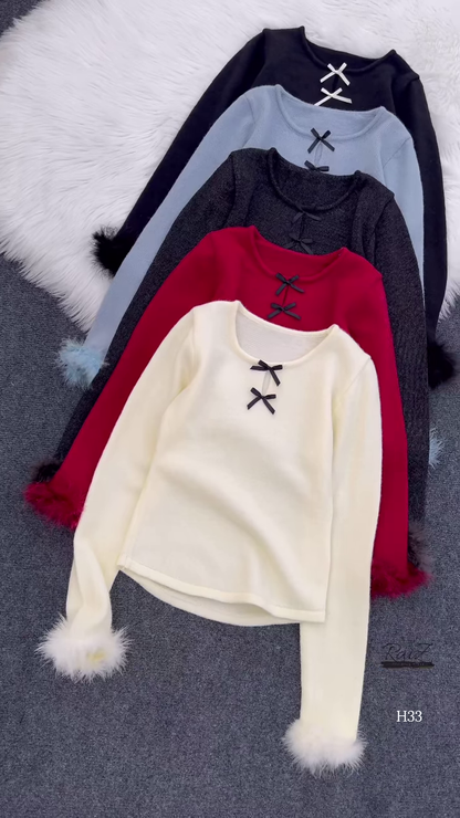 Fur-Cuffed Bow Detail Sweaters 🧥 Available in Black, Light Blue, Dark Grey, Red & Cream