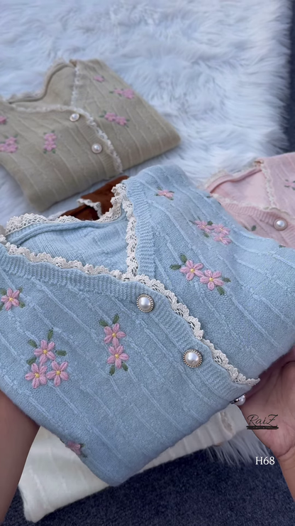 Lace-Trimmed Floral Embroidered Cardigans 🌷 Available in Pink, White & Brown