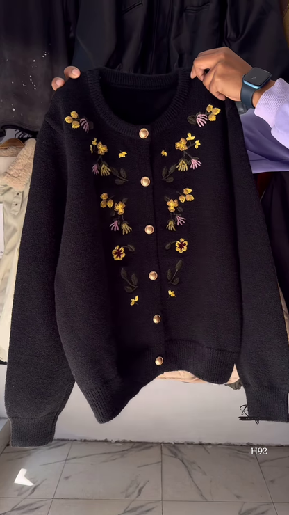 Floral Embroidered Knit Cardigan with Gold Buttons 🧥 Available in Red, Black, Lavender, Mustard & Rose Pink