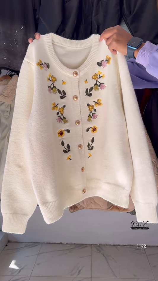 Floral Embroidered Knit Cardigan with Gold Buttons 🧥 Available in Red, Black, Lavender, Mustard & Rose Pink