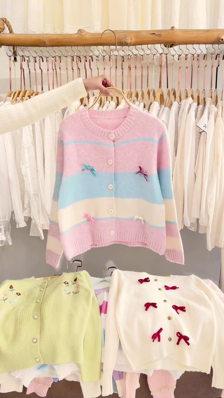 Lace-Trim Floral Embroidered Sweaters & Bow-Collar Buttoned Tops 🧥 Available in Blue & Pink