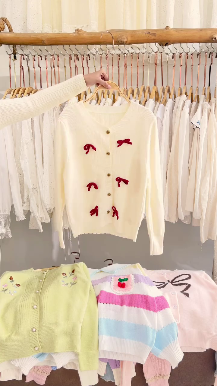 Lace-Trim Floral Embroidered Sweaters & Bow-Collar Buttoned Tops 🧥 Available in Blue & Pink