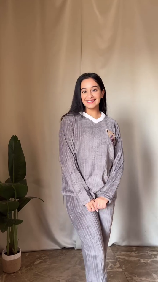 Fluffy Cartoon Co-ord Set 🐾 White Top & Blue Pants – Ultra Cozy Loungewear