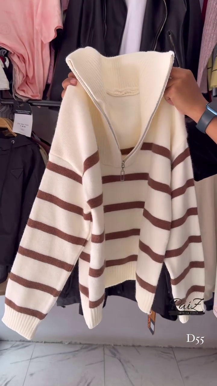 Striped Knit Sweater Collection 🧶 Half-Zip & Crew Styles – Cream, Blue, Red & More