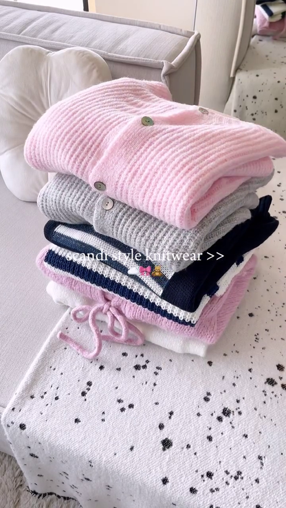 Scandi-Style Knitwear Stack 🧶 Ribbed Cardigans & Striped Sweaters – Pink, Grey, Navy & More