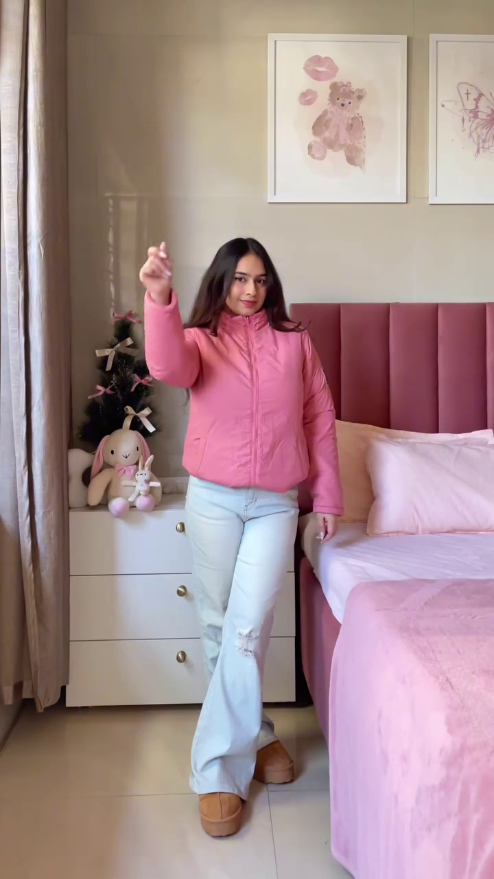 Pink Winter Jacket Look 💗 with Ripped Jeans & Brown Shoes – Cozy Bedroom Edit