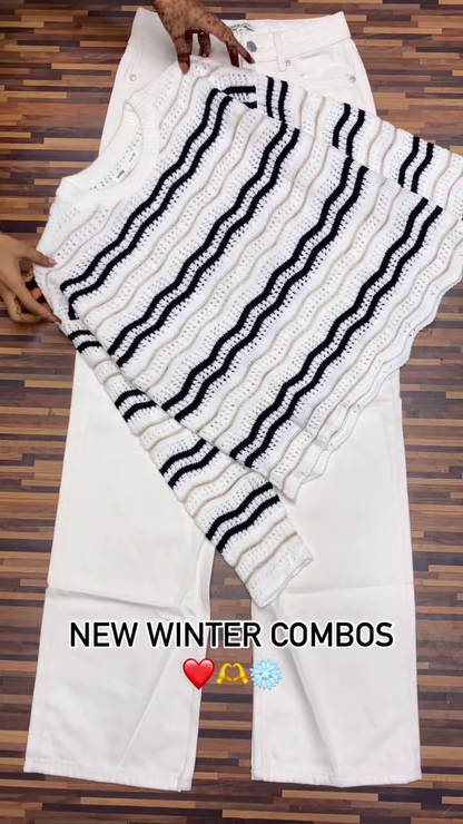 Winter Knitwear Combos ❄️ Cozy Sweaters with White & Black Pants – Floral, Wavy & Geometric Styles
