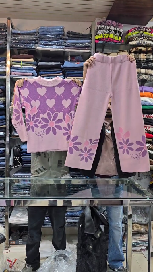 Floral Knit Co-ord Sets 🌸 Heart & Flower Patterns – Purple, Green & Pink Variants