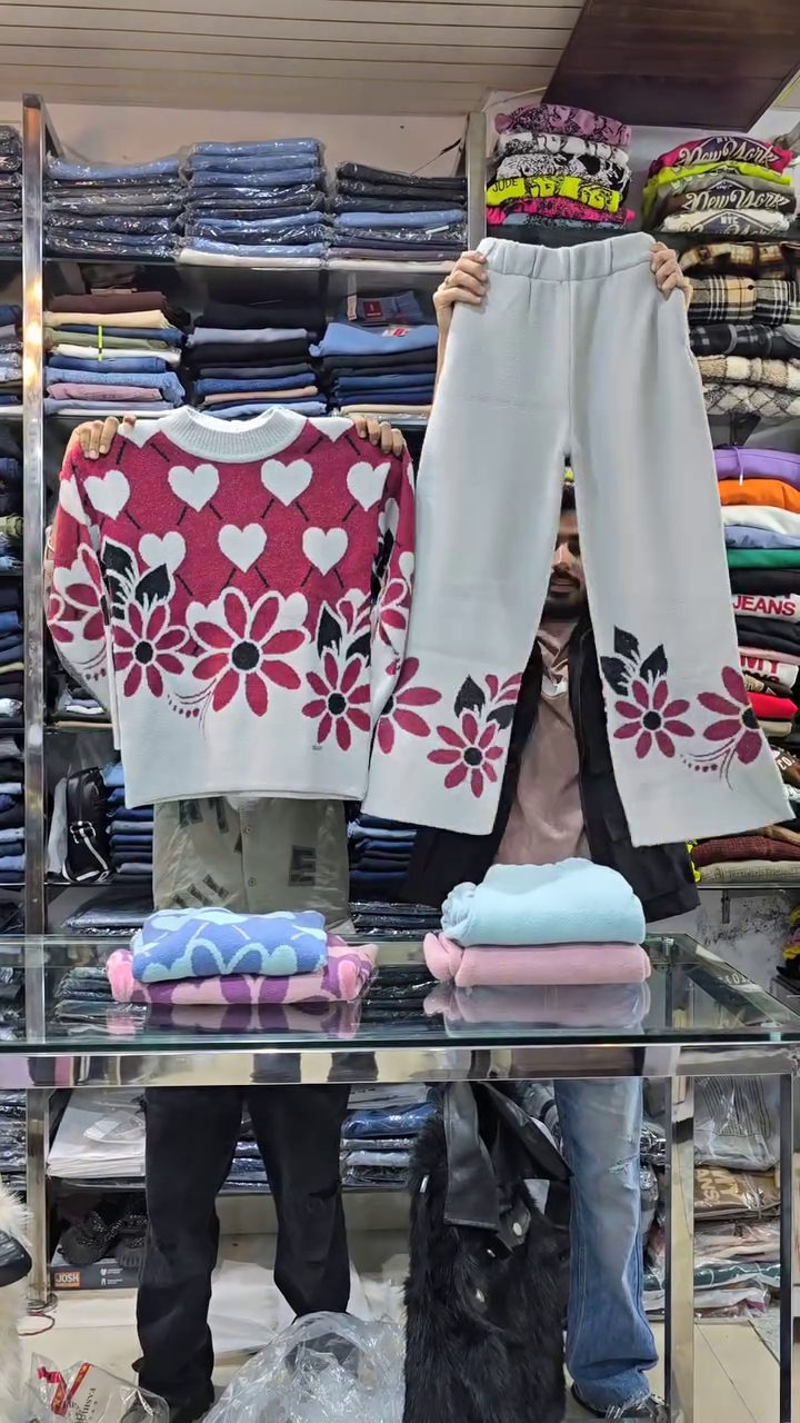 Floral Knit Co-ord Sets 🌸 Heart & Flower Patterns – Purple, Green & Pink Variants