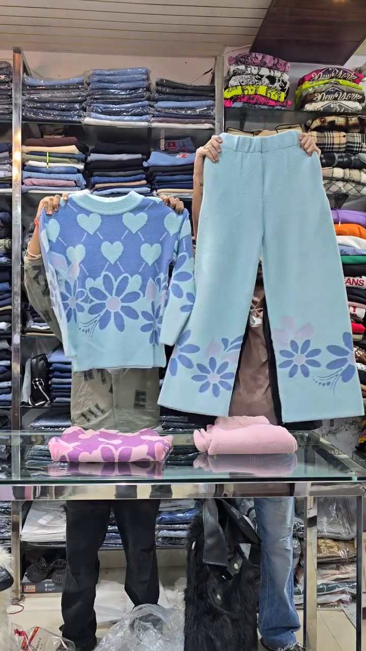 Floral Knit Co-ord Sets 🌸 Heart & Flower Patterns – Purple, Green & Pink Variants