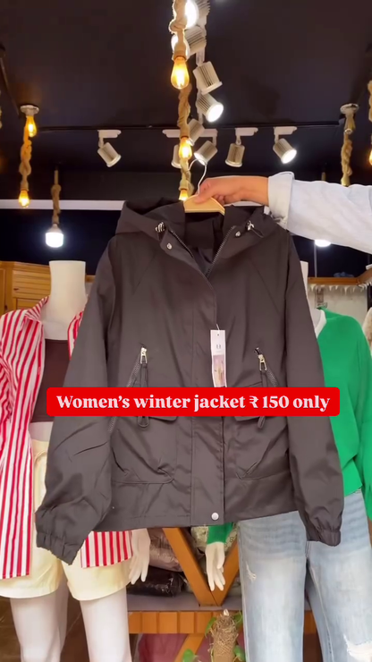 Women’s Black Winter Jacket 🖤 Hooded Zip-Up with Pockets – Cozy & Minimal