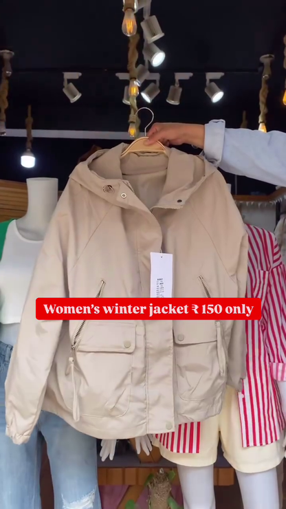 Women’s Black Winter Jacket 🖤 Hooded Zip-Up with Pockets – Cozy & Minimal