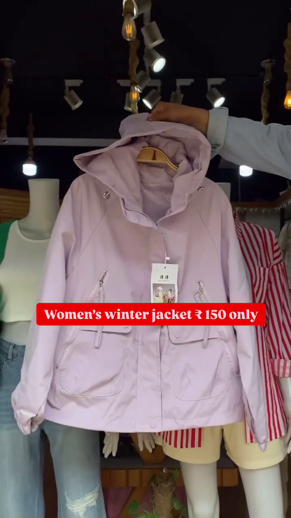 Women’s Black Winter Jacket 🖤 Hooded Zip-Up with Pockets – Cozy & Minimal